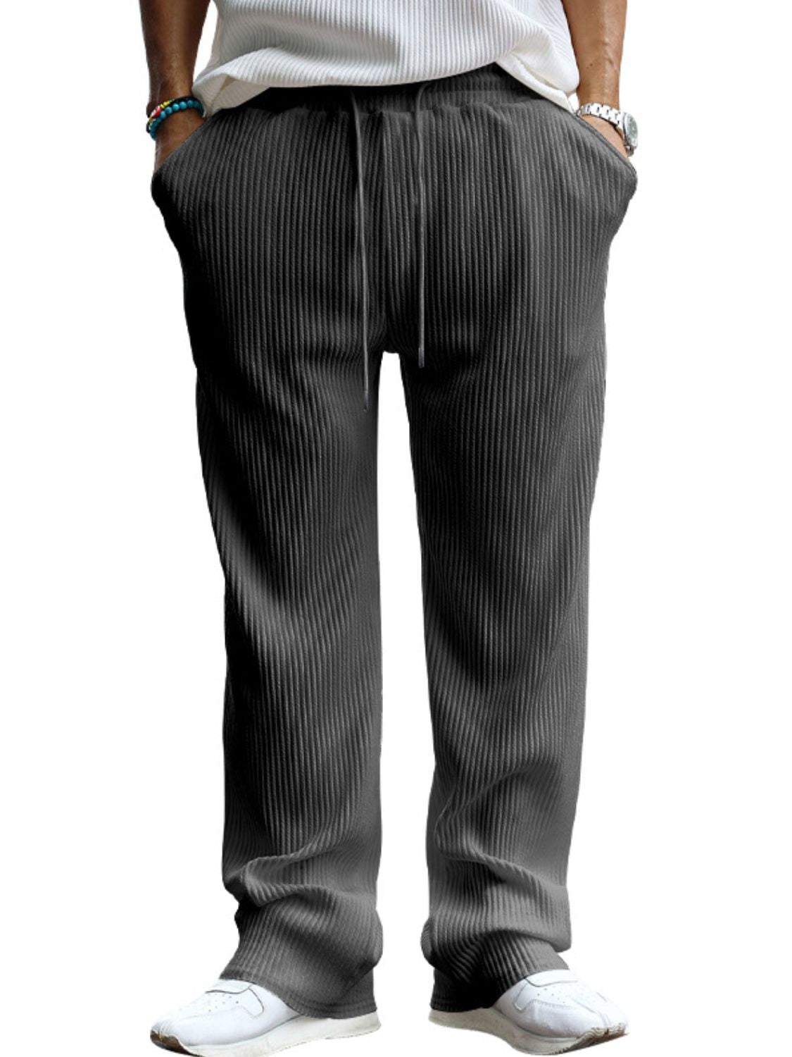 Men's Full Size Ribbed Drawstring Wide Leg Pants with Plus Size