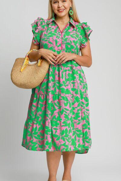 Umgee Full Size Floral Collared Ruffle Cap Sleeve Midi Dress Plus Size