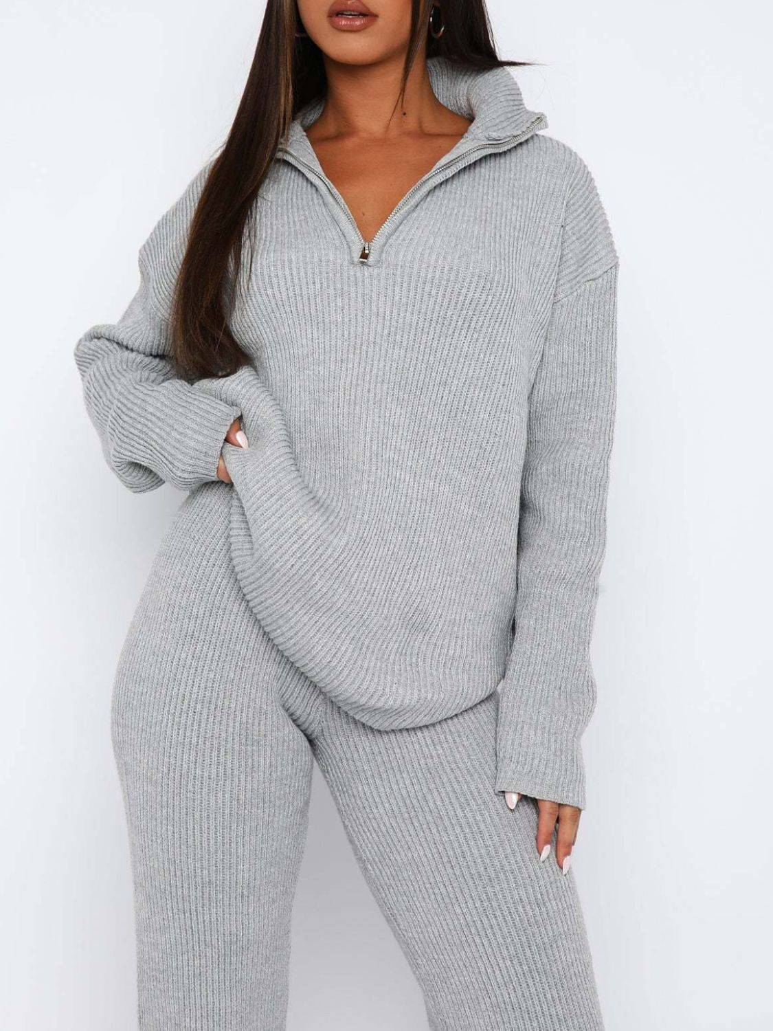 Quarter Zip Long Sleeve Top and Pants Set - Clothes For Her Online Store