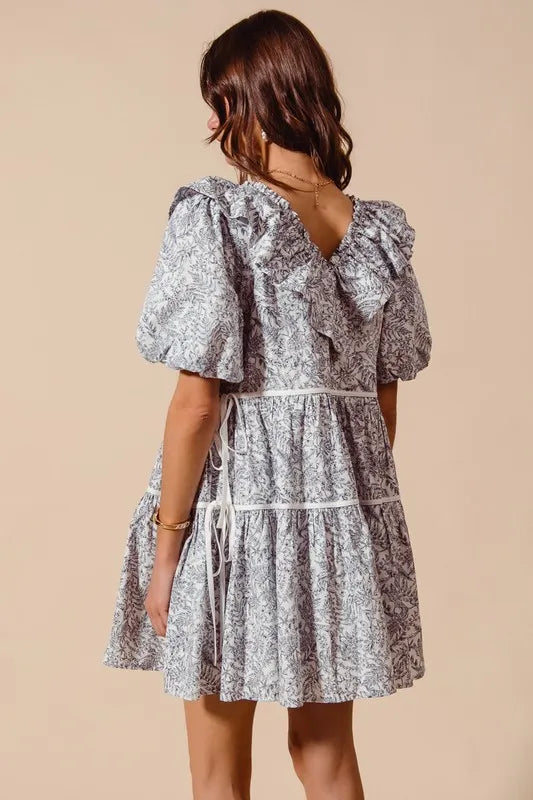 SO ME Cotton Printed Ruffle V Neckline Dress with Side Tie