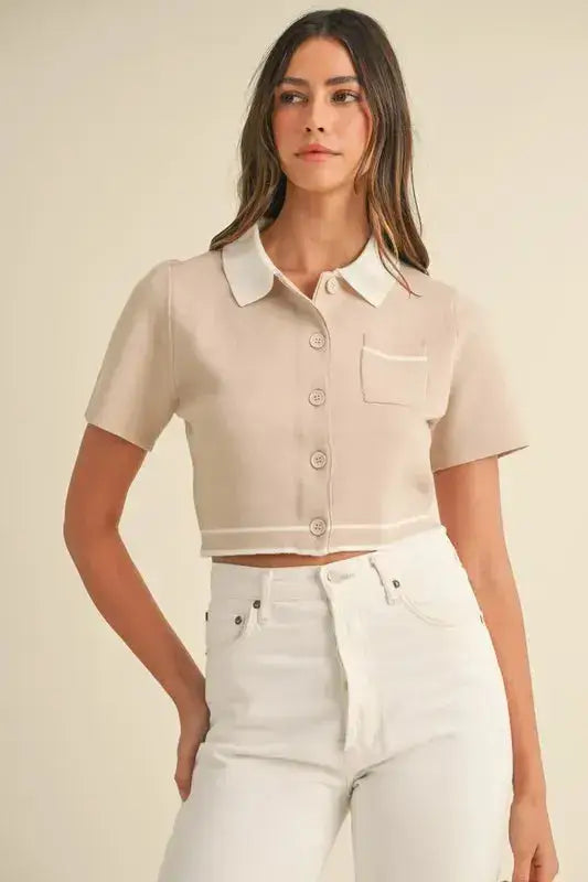 MABLE Button Down Contrast Collared Knit Cardigan - Clothes For Her Online Store