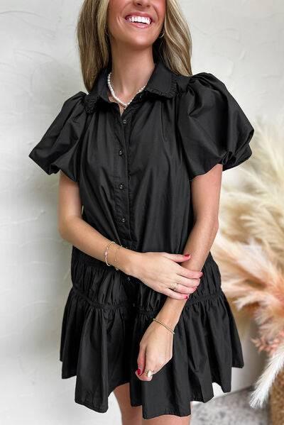 Button Down Puff Sleeve Ruffle Hem Dress