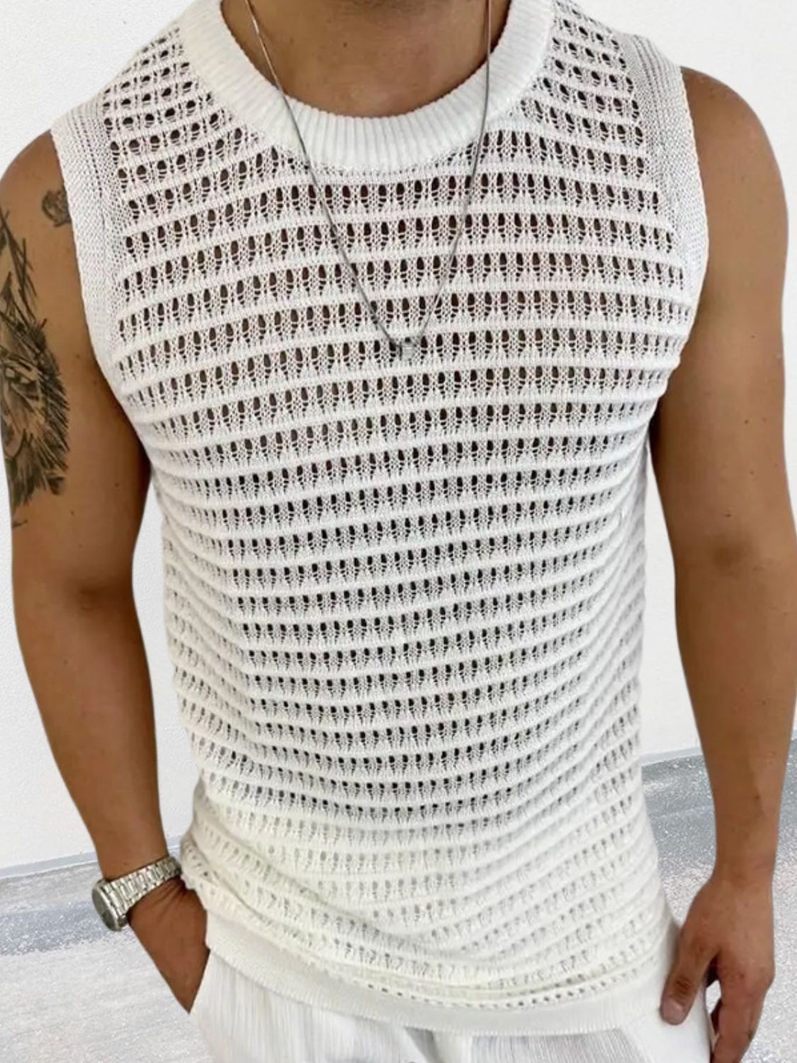 Men's Round Neck Hollow Out Sleeveless Knit Top - Clothes For Her Online Store