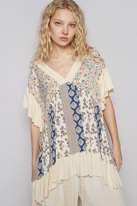 POL Ruffled Hem Printed V-Neck Short Sleeve Blouse