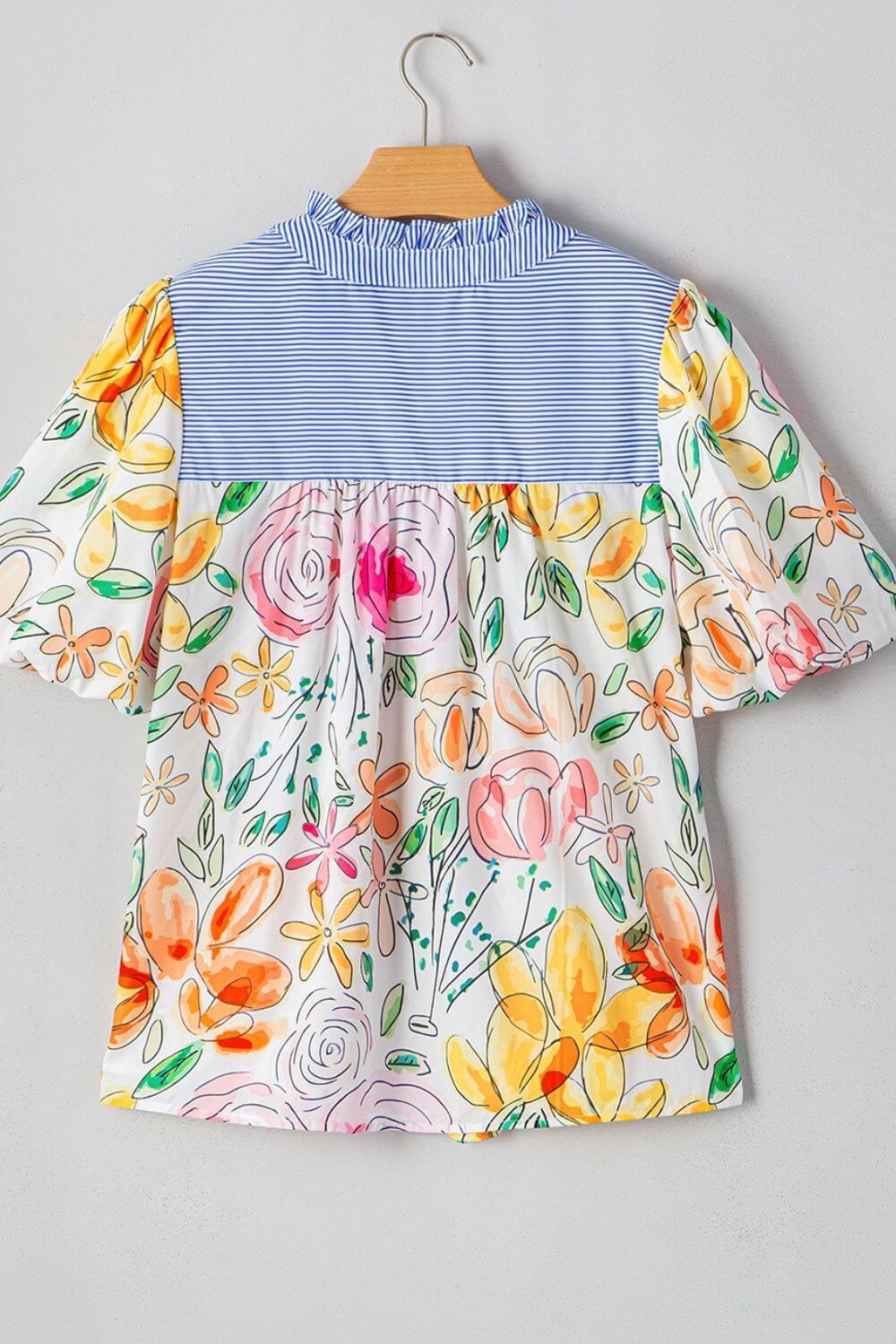 Floral Striped Yoke Frilled Tie Neck Puff Short Sleeve Blouse