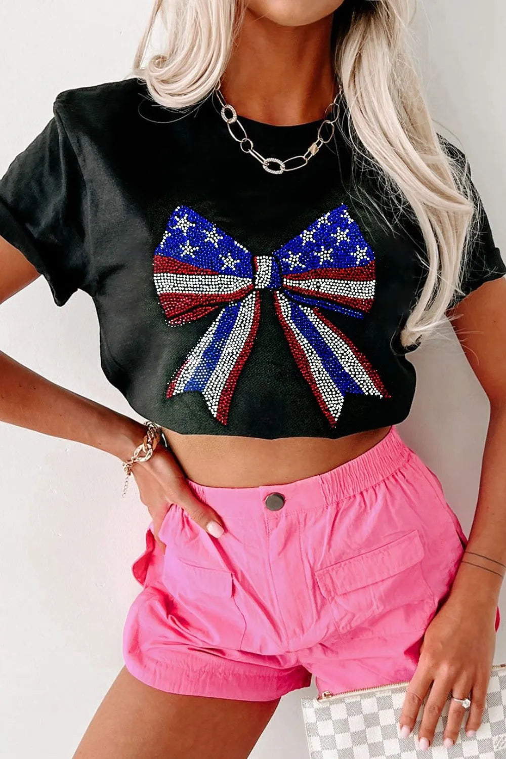 Bow Rhinestone Round Neck T-Shirt