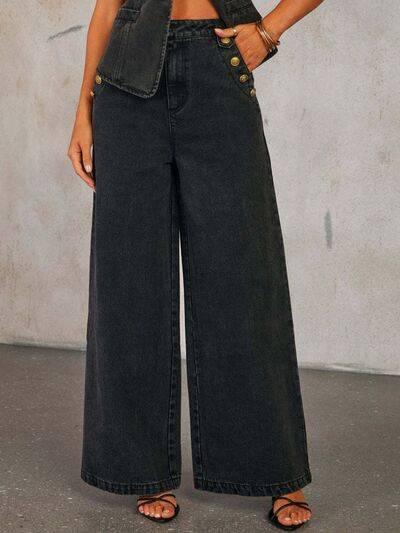 Button Decor High Rise Wide Leg Jeans