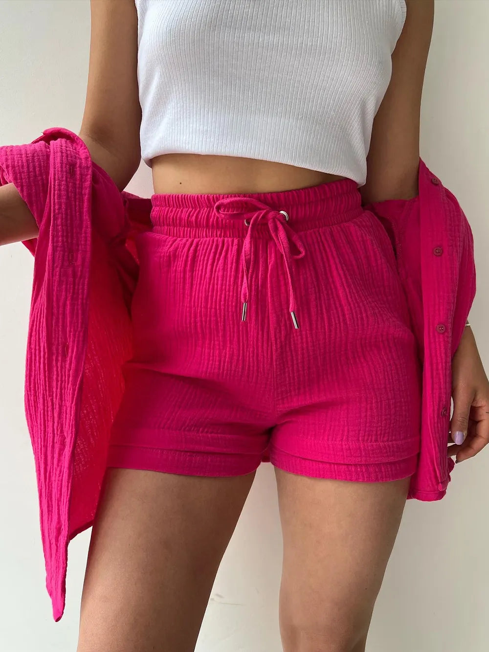 Texture Button Up Shirt and Drawstring Shorts Set - Clothes For Her Online Store
