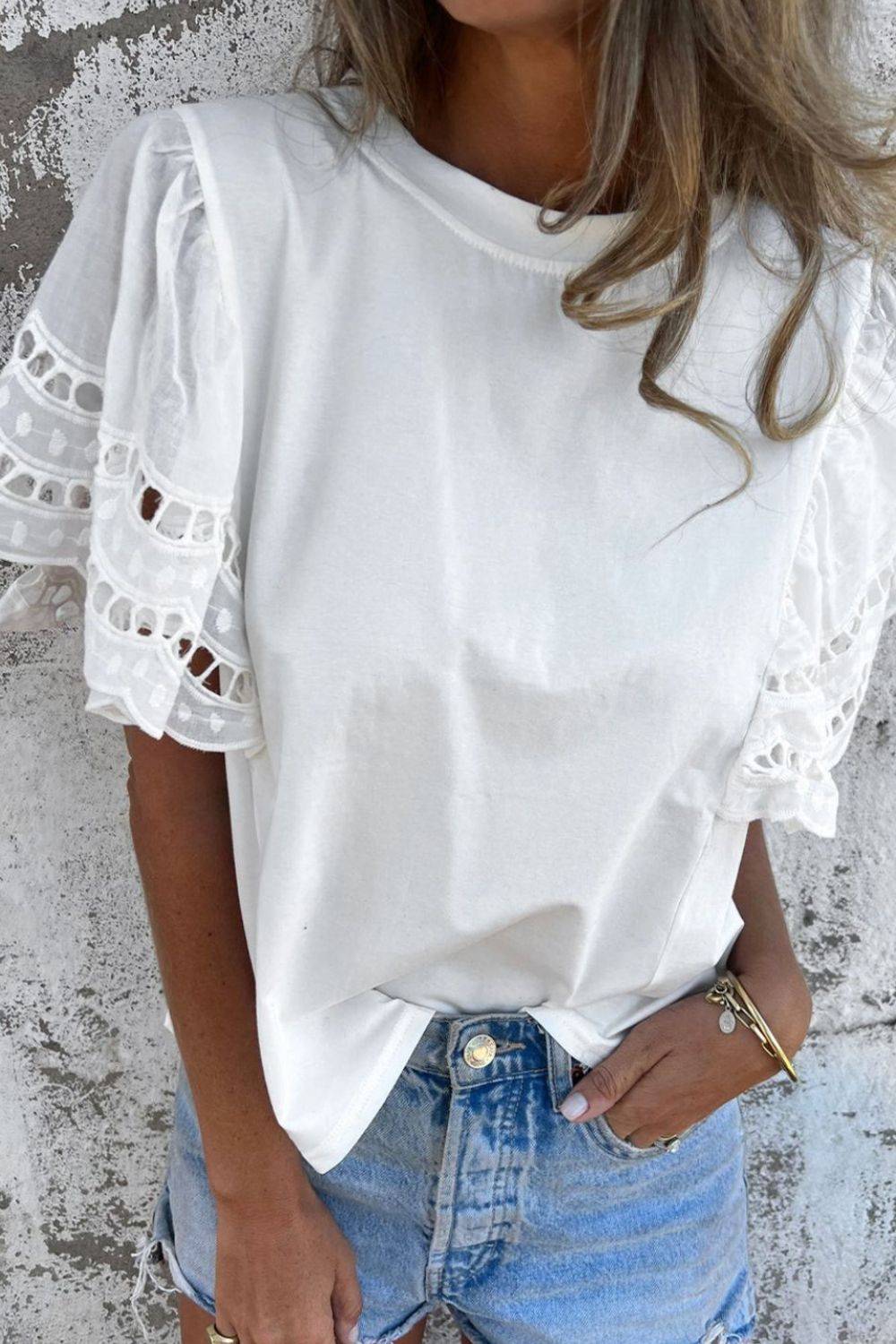 Hollow Out Embroidered Short Sleeve Round Neck Top