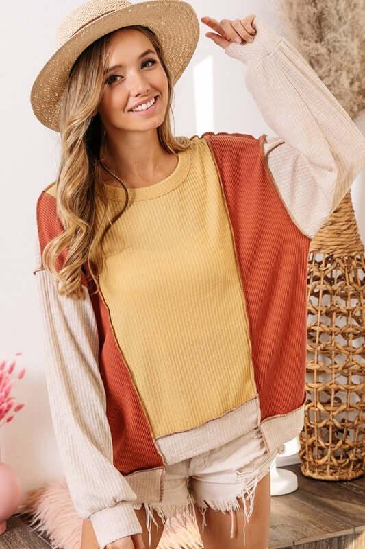 BiBi Waffle-Knit Exposed Seam Color Block Uneven Hem Top