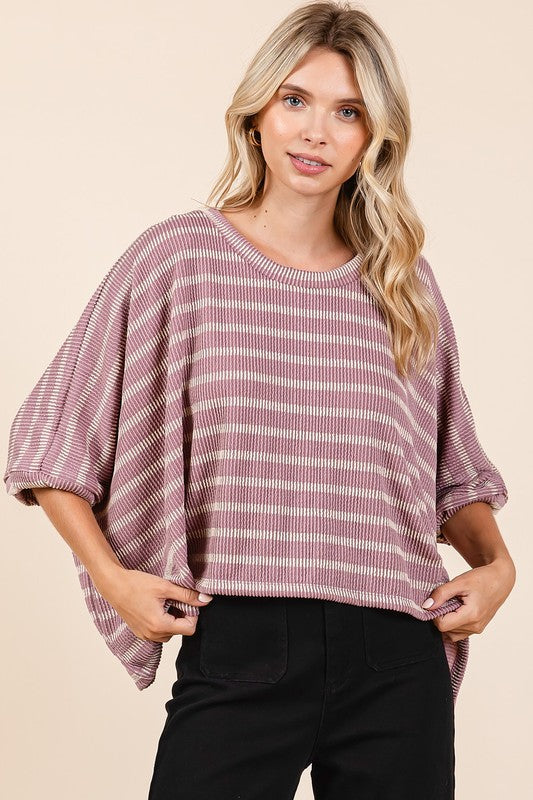 Mittoshop Texture Striped Print Round Neck Dolman Sleeve Top - Clothes For Her Online Store
