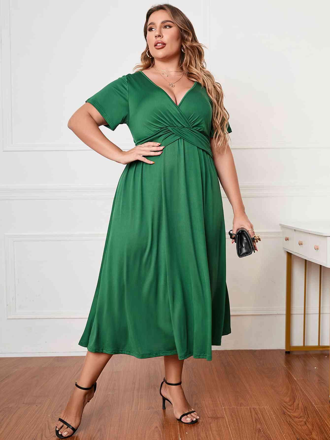 Honey Plus Size Short Sleeve Surplice Neck Midi Dress - Clothes For Her Online Store