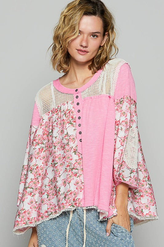 POL Washed Floral Print Crochet Detail Top