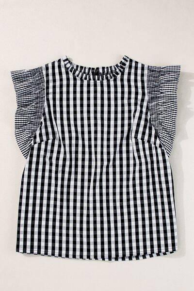 Checkered Ruffled Sleeve Frilled Neck Blouse