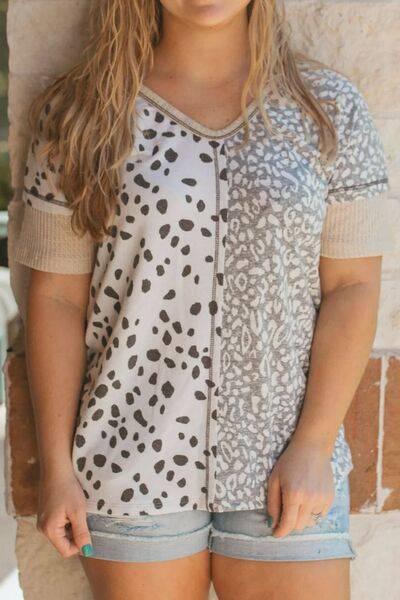 Plus Size Leopard V-Neck Short Sleeve T-Shirt - Clothes For Her Online Store