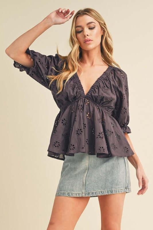Aemi + Co Eyelet Embroidered V-Neck Half Sleeve Peplum Blouse - Clothes For Her Online Store