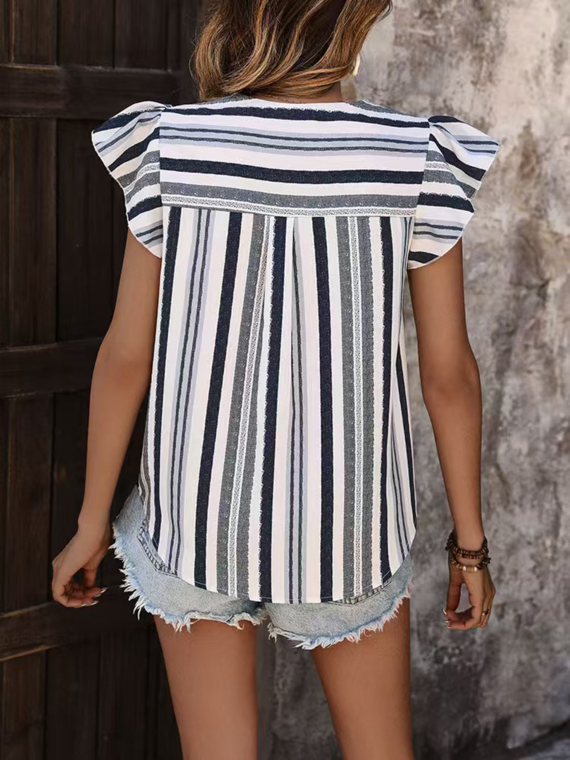 Contrast Striped Notched Ruffled Cap Sleeve Blouse