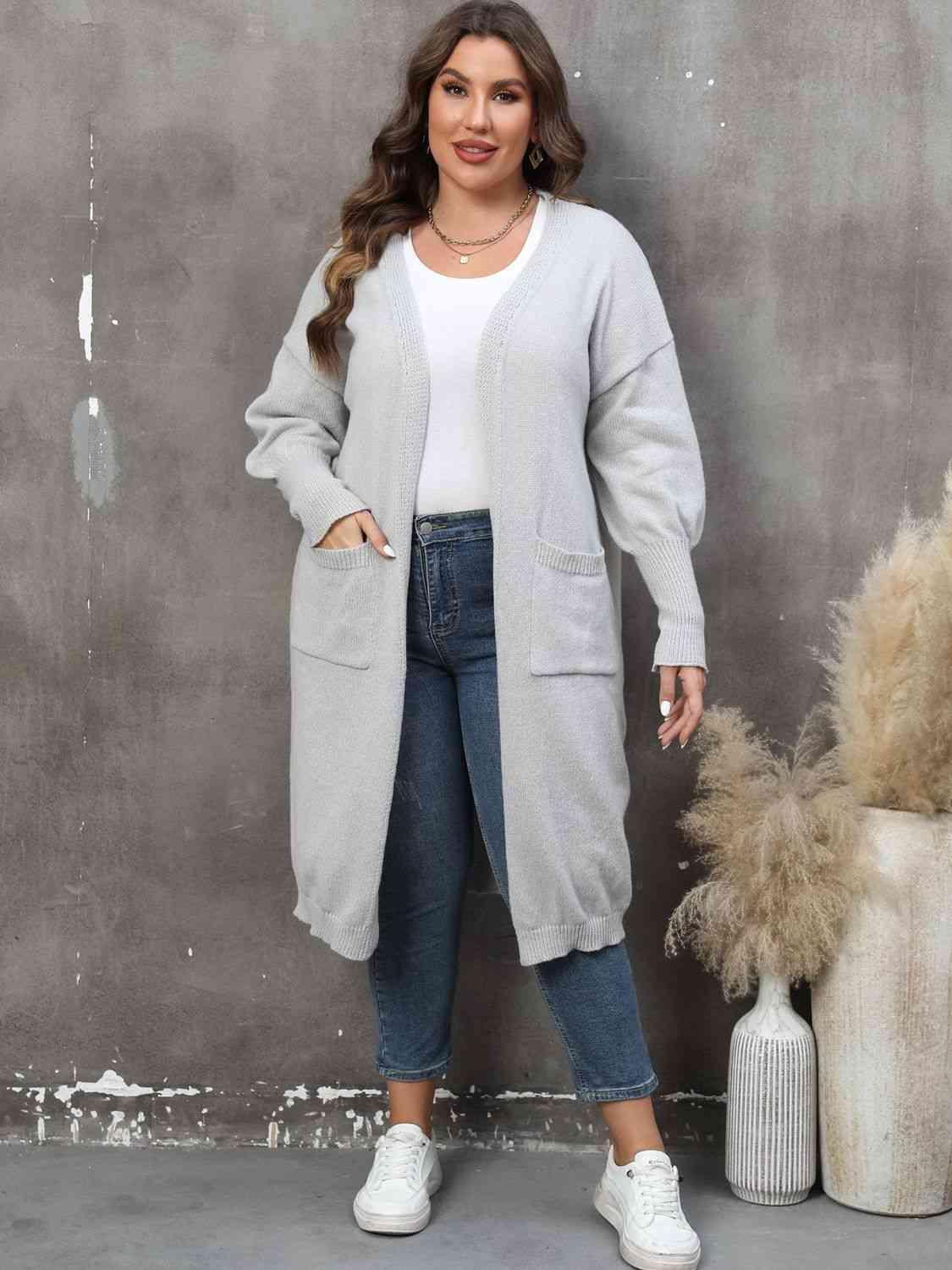 Plus Size Long Sleeve Pocketed Cardigan - Clothes For Her Online Store