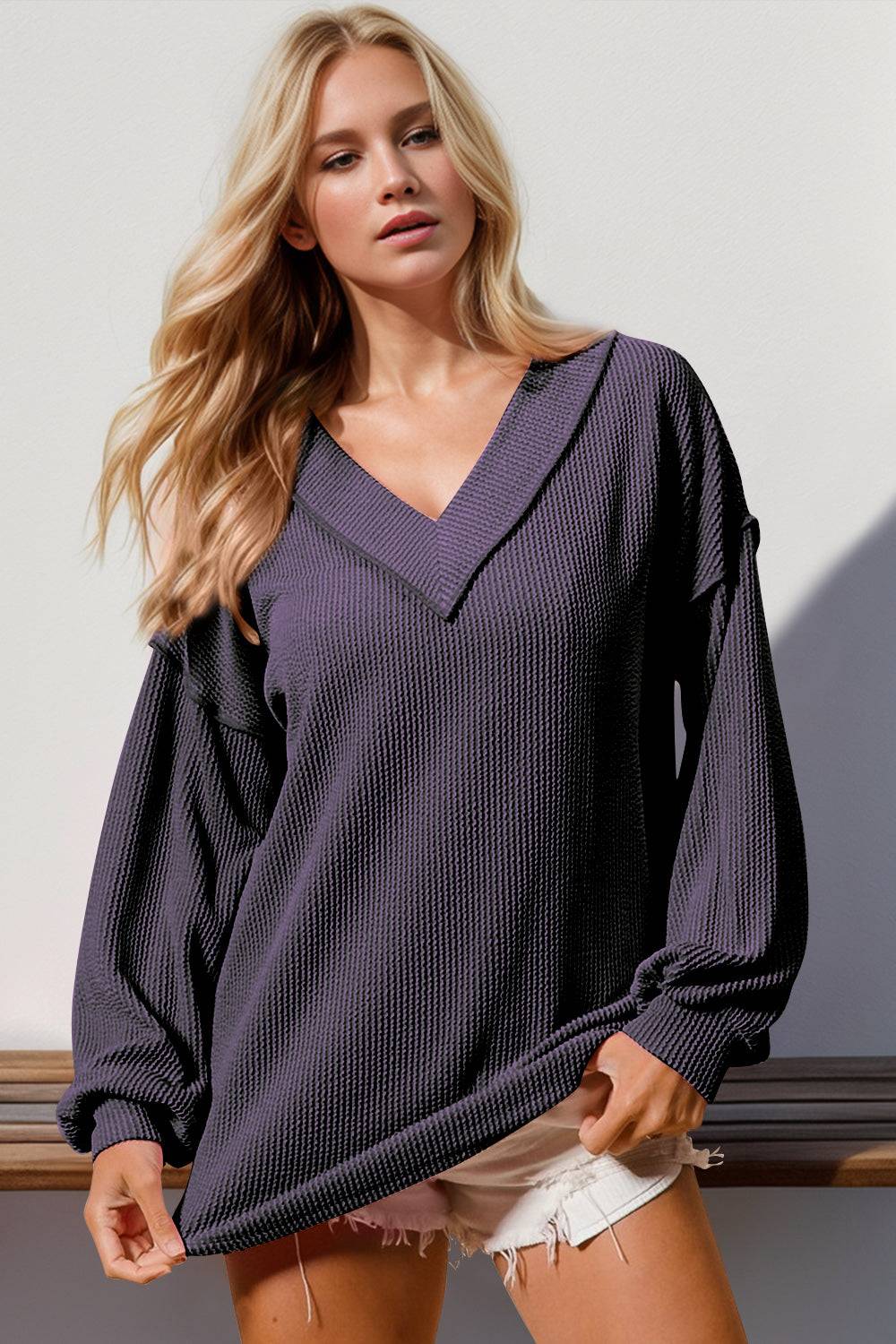 Double Take Exposed Seam Ribbed Textured V-Neck Long Sleeve T-Shirt - Clothes For Her Online Store