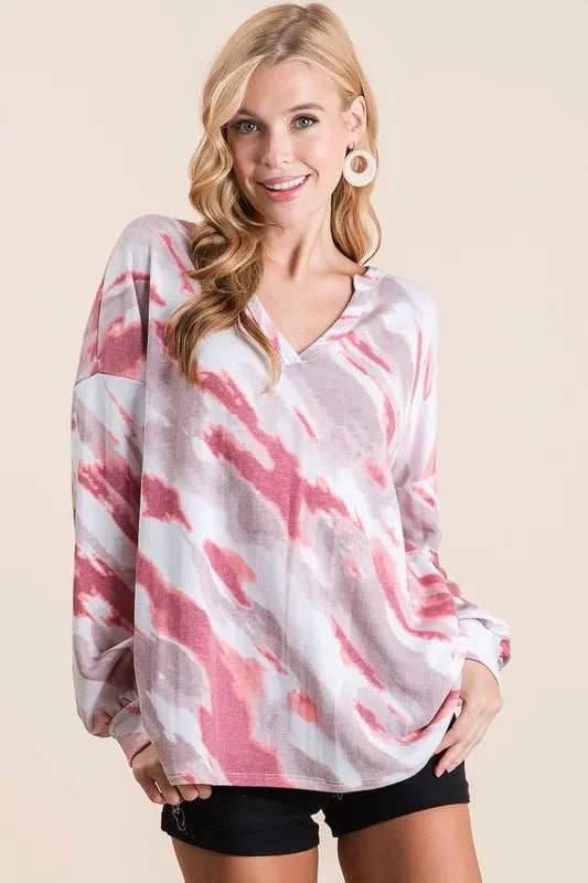BiBi Tie Dye French Terry Top with Balloon Sleeves