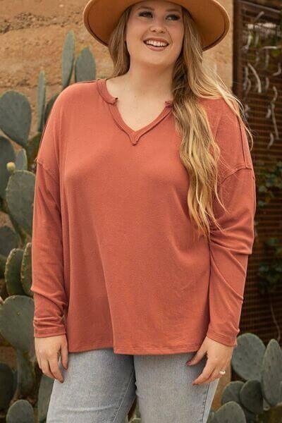 Plus Size Notched Long Sleeve T-Shirt - Clothes For Her Online Store