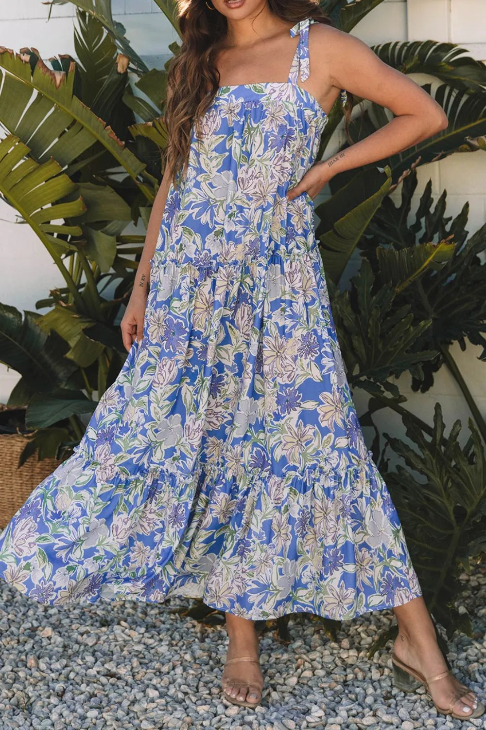 Floral Print Self-tie Straps Flowy Ruffle Dress