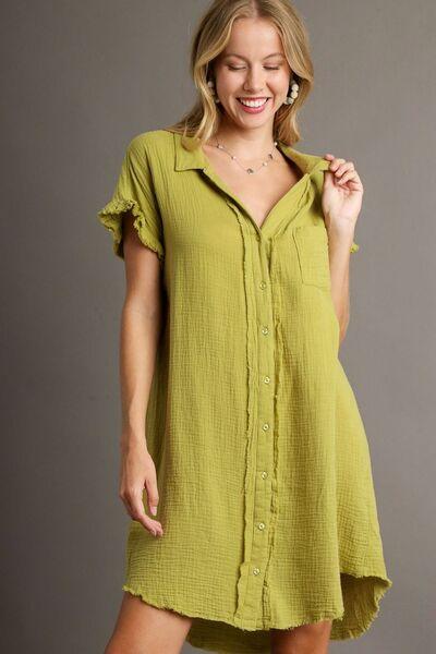 Umgee Full Size Raw Hem Button Down Short Sleeve Gauze Shirt Dress Plus Size - Clothes For Her Online Store