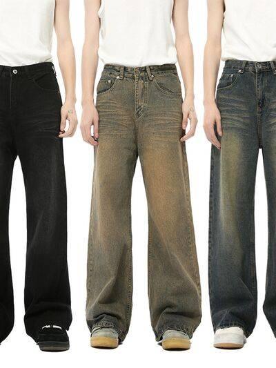 Washed Cat Whisker Straight Leg Jeans - Clothes For Her Online Store