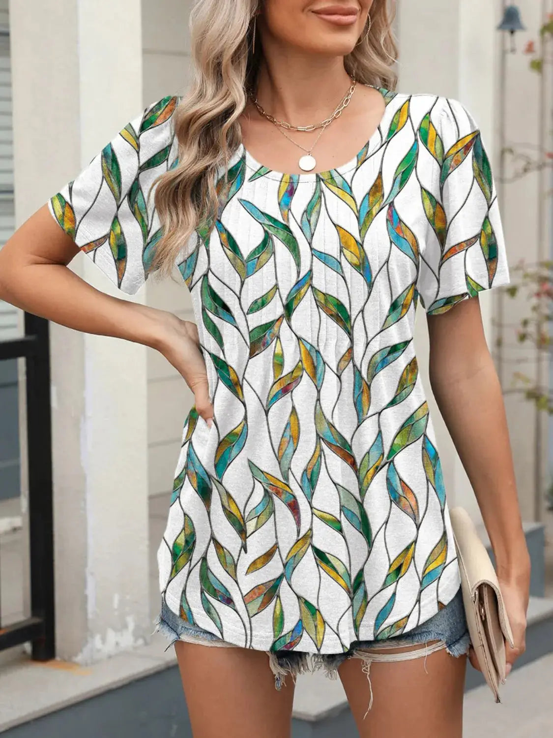 Floral Round Neck Short Sleeve Top - Clothes For Her Online Store