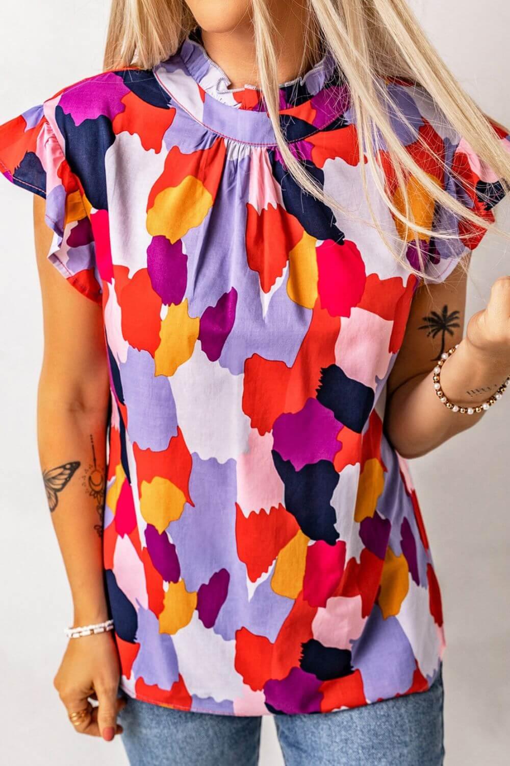 Frill Printed Mock Neck Cap Sleeve Blouse