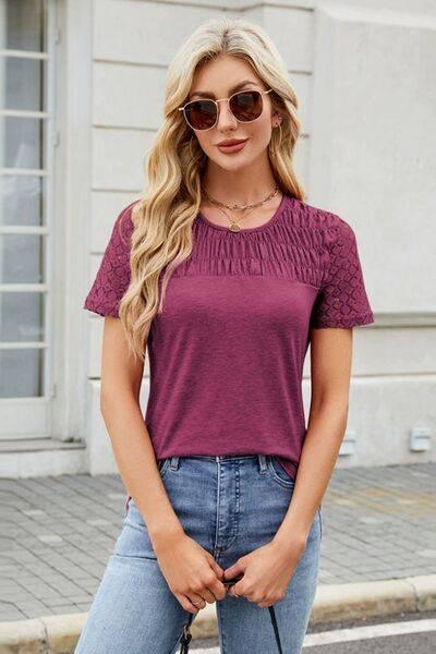 Smocked Round Neck Short Sleeve T-Shirt