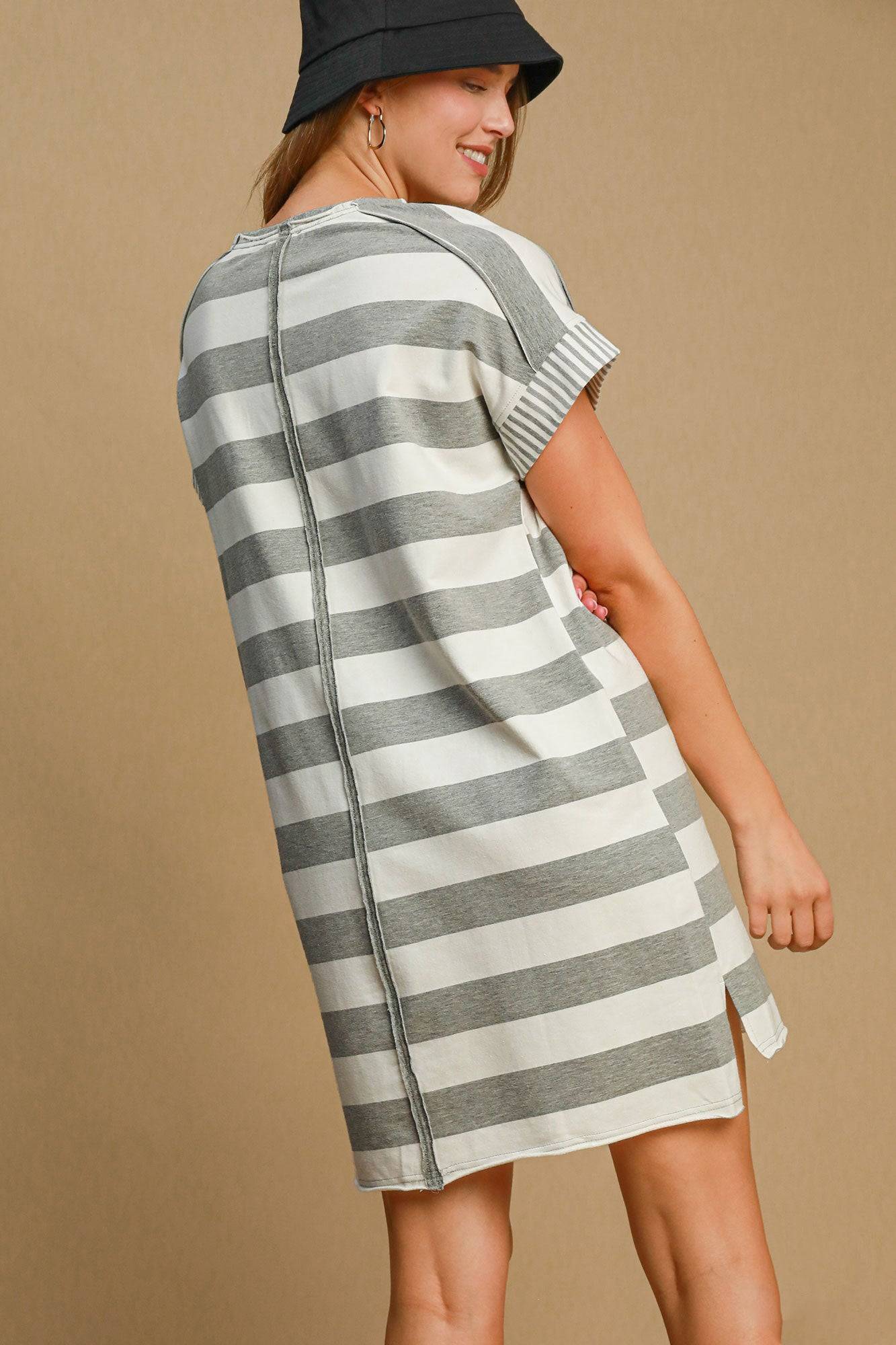 Umgee Peace Applique Striped Short Sleeve Mini Dress - Clothes For Her Online Store