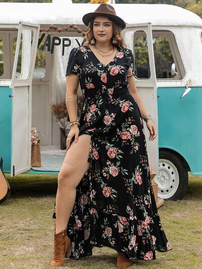 Plus Size Button Detail Printed V-Neck Short Sleeve Maxi Dress - Clothes For Her Online Store