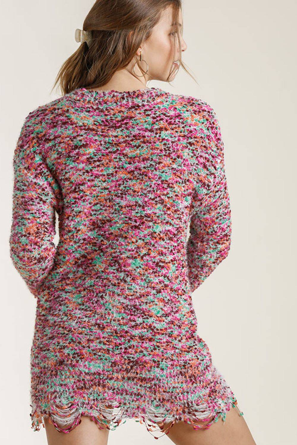 Umgee Full Size Distressed Hem Multicolored Round Neck Knit Tunic Dress Plus Size - Clothes For Her Online Store