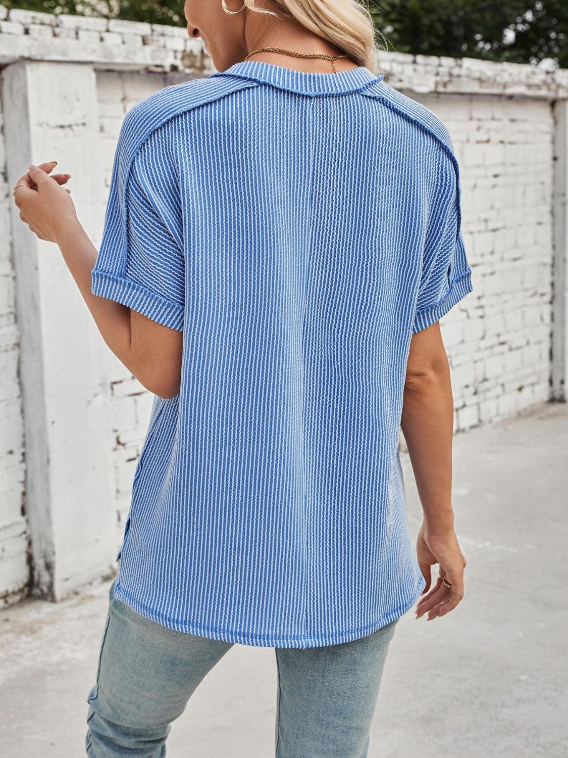 Cord Ribbed V-Neck Short Sleeve T-Shirt