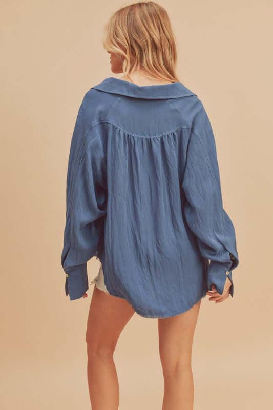 Aemi + Co Raw Hem Button Down Raglan Sleeve Shirt