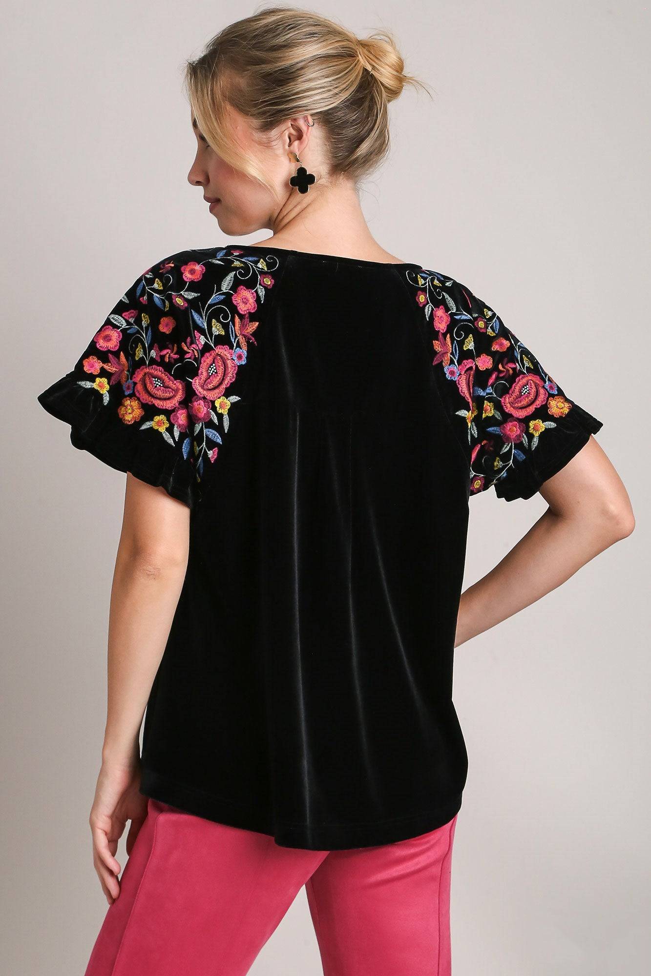 Umgee Full Size Velvet Embroidery Short Sleeve Blouse - Clothes For Her Online Store