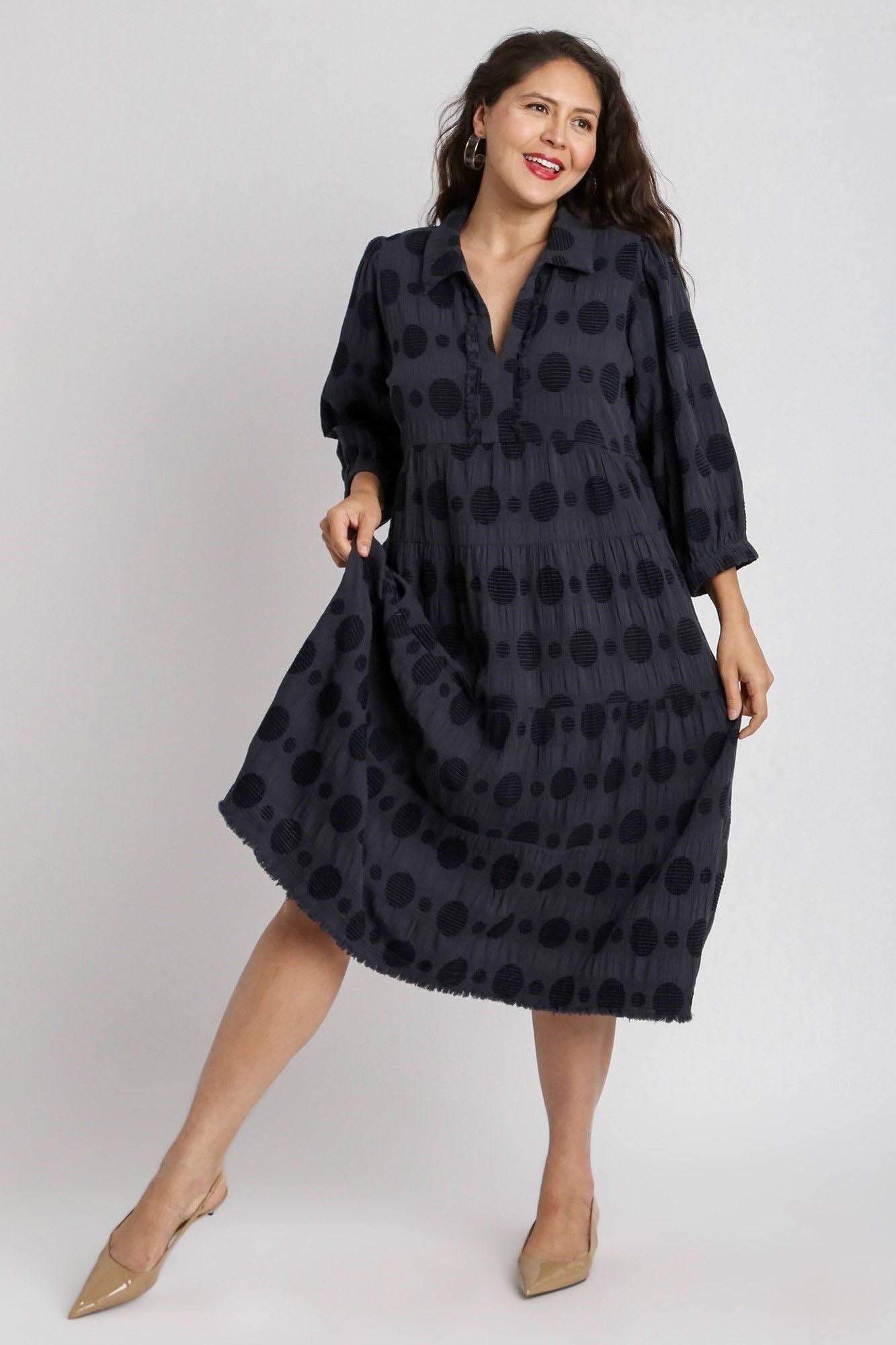 Umgee Full Size Solid Dotted Jacquard Midi Dress Plus Size - Clothes For Her Online Store