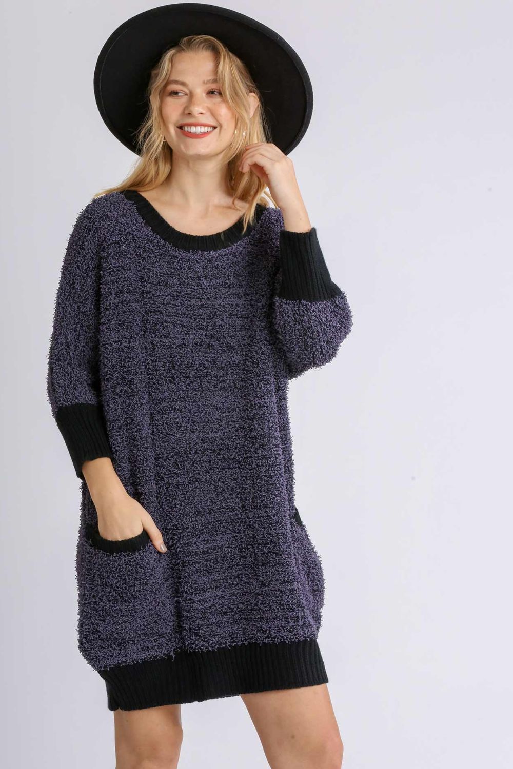 Umgee Full Size Ribbed Hem Round Neck 3/4 Sleeve Sweater Dress with Pockets Plus Size - Clothes For Her Online Store