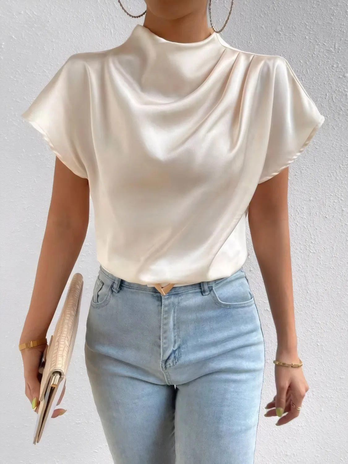 Mock Neck Short Sleeve Blouse