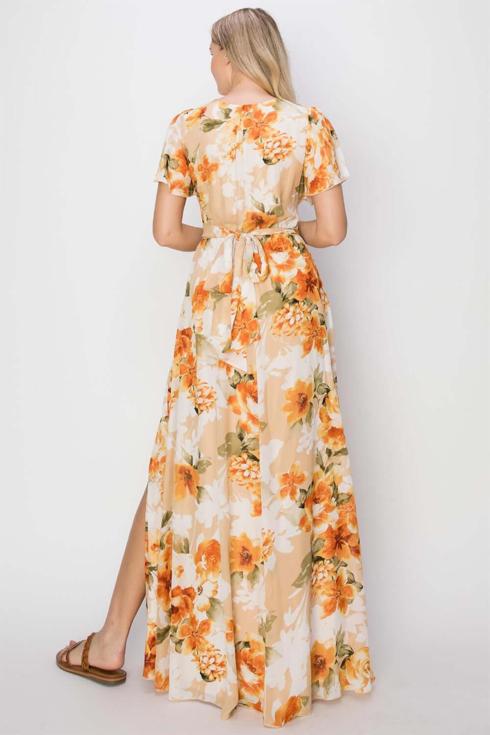 HYFVE Floral Tie Back Short Sleeve Slit Maxi Dress - Clothes For Her Online Store