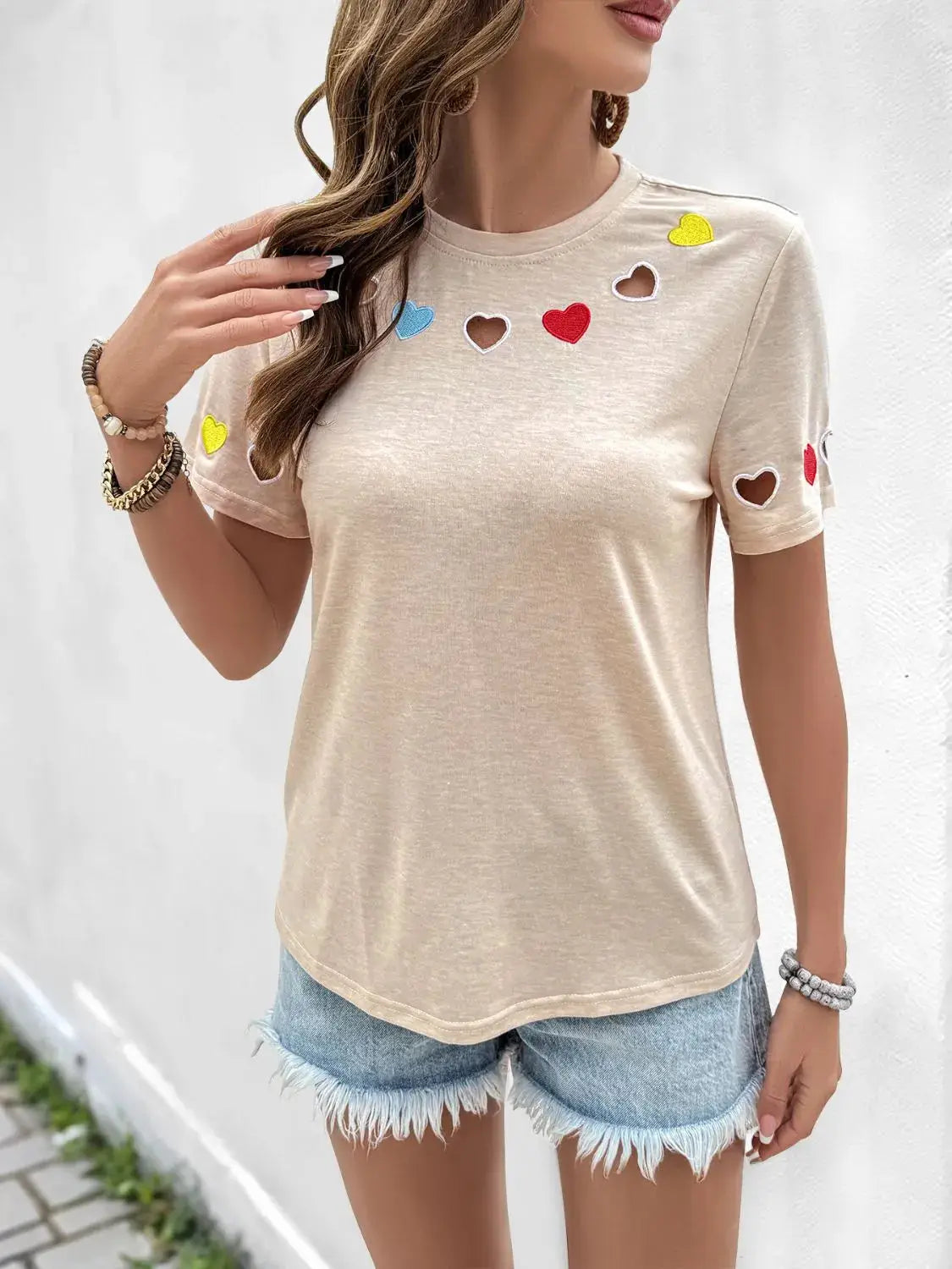 Heart Round Neck Short Sleeve T-Shirt - Clothes For Her Online Store