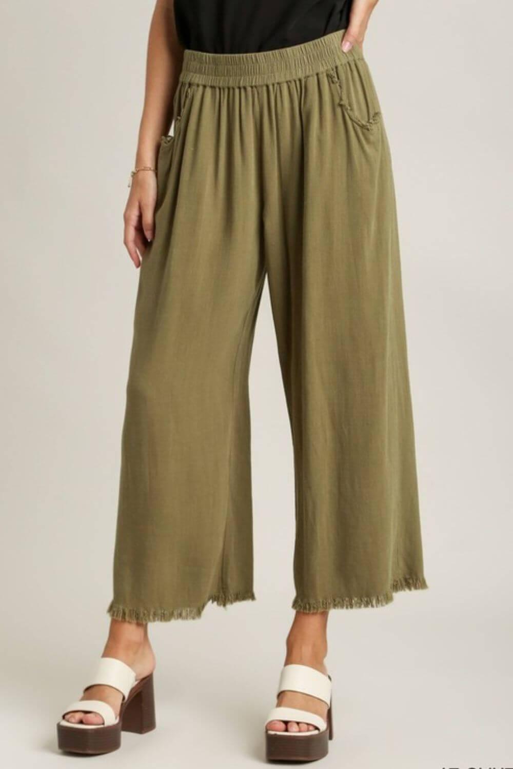 Umgee Full Size Linen Blend Elastic Waistband Wide Leg Pants Plus Size