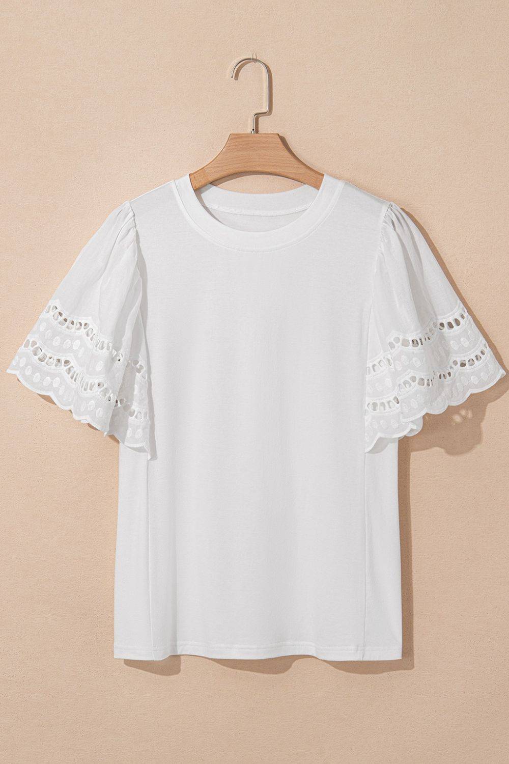 Hollow Out Embroidered Short Sleeve Round Neck Top