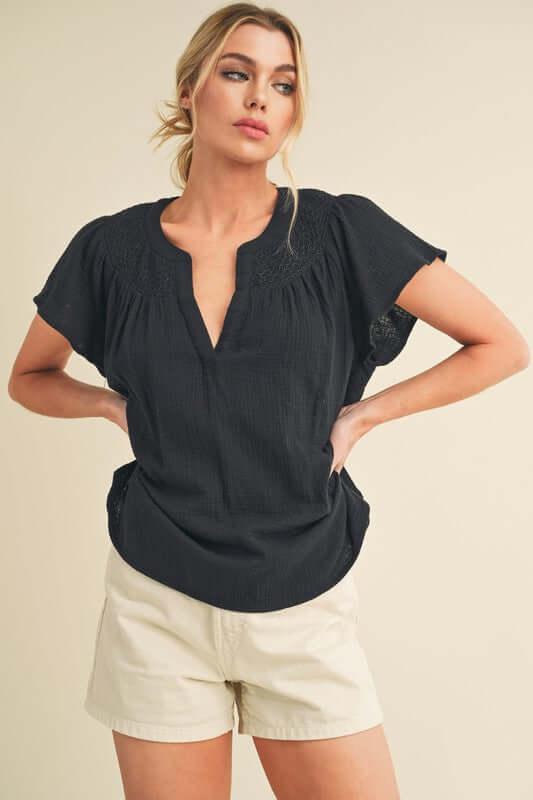 Aemi + Co Embroidered Trim Side Slit Notched Short Sleeve Blouse