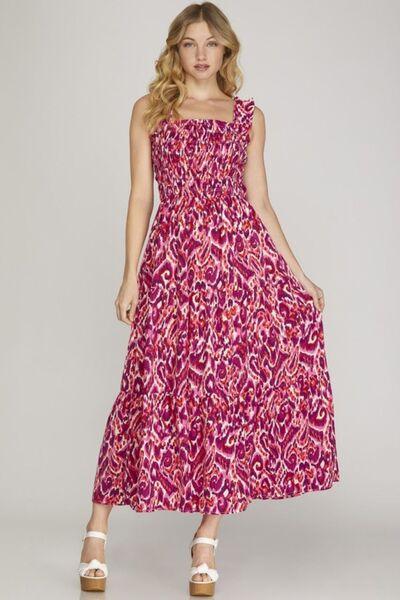 She + Sky Full Size Smocked Printed Wide Strap Tiered Dress Plus Size - Clothes For Her Online Store