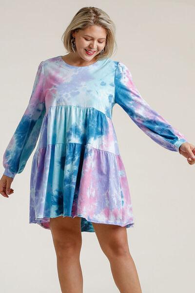 Umgee Full Size Tie Dye Round Neck Long Sleeve Babydoll Tiered Dress Plus Size - Clothes For Her Online Store