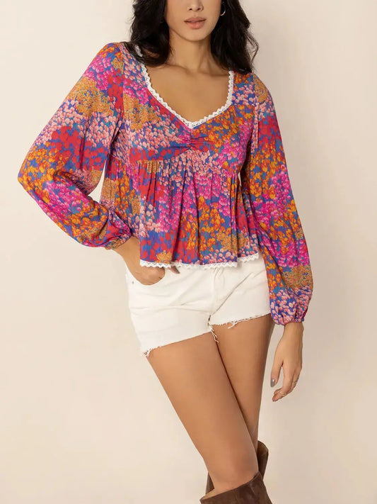 Lace Detail Printed Balloon Sleeve Top - Clothes For Her Online Store