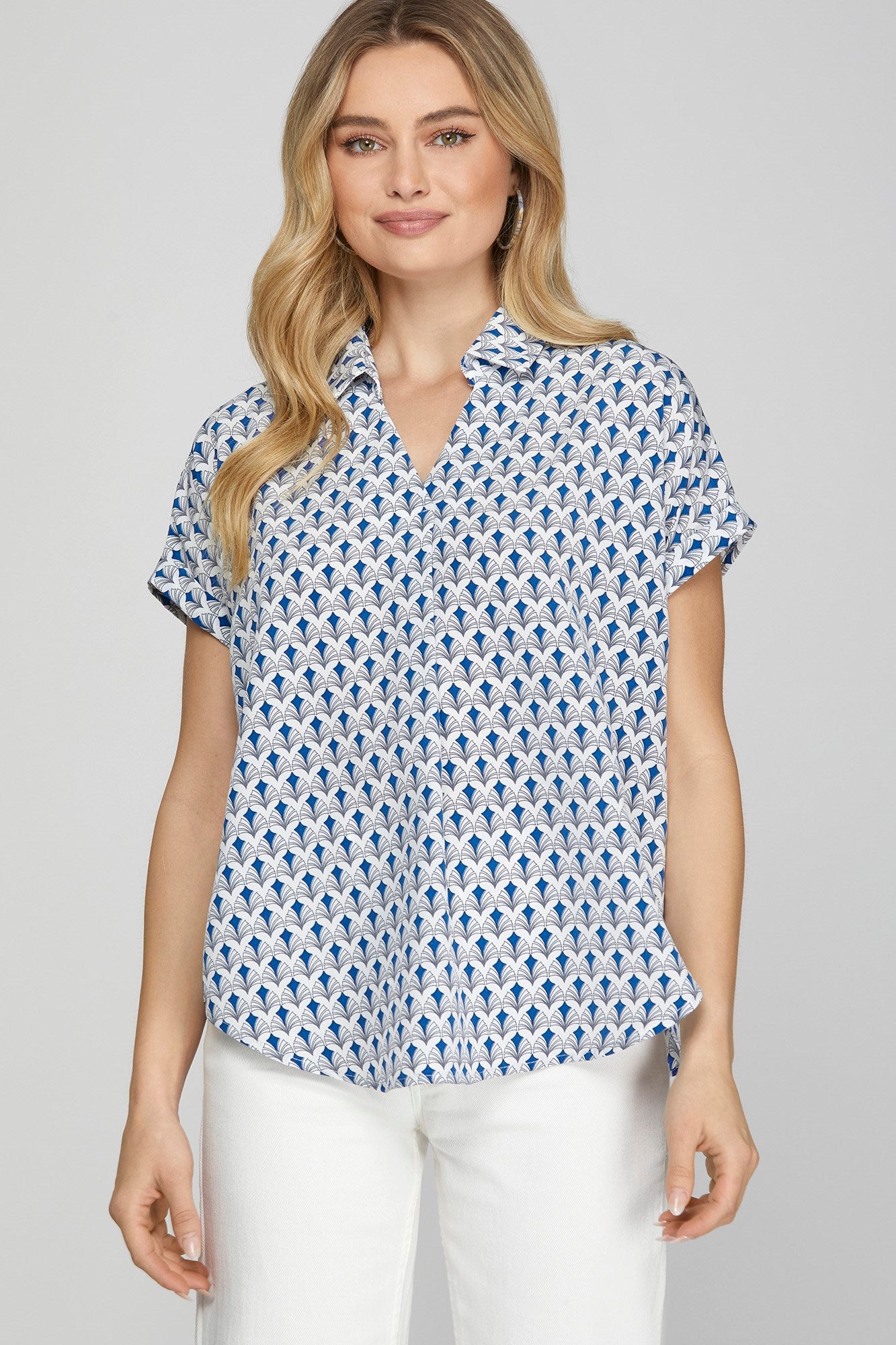 She + Sky Full Size Printed Johnny Collar Short Sleeve Blouse Plus Size - Clothes For Her Online Store
