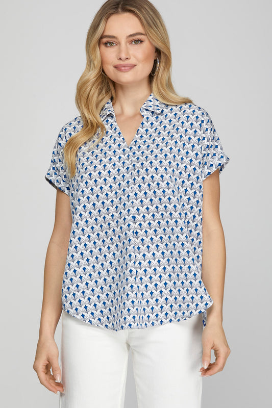 She + Sky Full Size Printed Johnny Collar Short Sleeve Blouse Plus Size - Clothes For Her Online Store